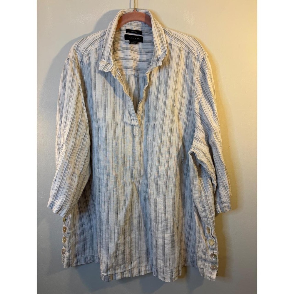 Tahari Black & White Striped Linen Tunic Top 3X‎